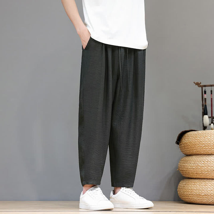 Buddha Stones Spring Summer Casual Minimalist Drawstring Solid Cropped Pants Men's Harem Pants With Pocket - image 2