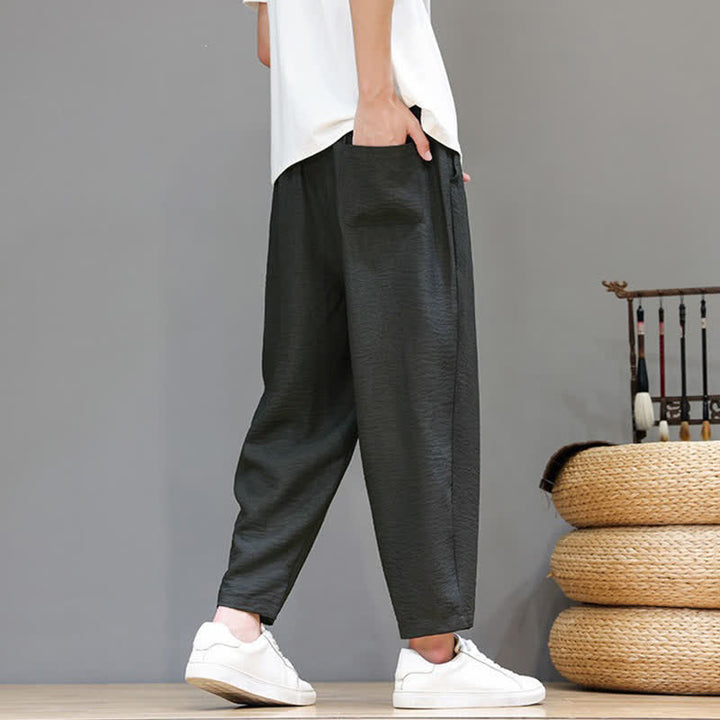 Buddha Stones Spring Summer Casual Minimalist Drawstring Solid Cropped Pants Men's Harem Pants With Pocket - image 4