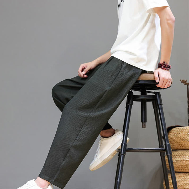 Buddha Stones Spring Summer Casual Minimalist Drawstring Solid Cropped Pants Men's Harem Pants With Pocket - image 7