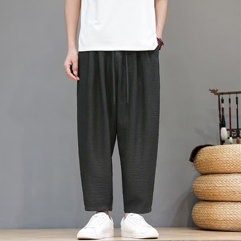 Buddha Stones Spring Summer Casual Minimalist Drawstring Solid Cropped Pants Men's Harem Pants With Pocket - image 5