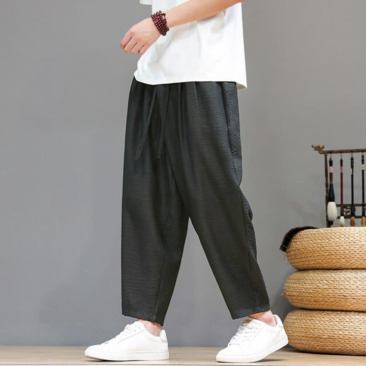 Buddha Stones Spring Summer Casual Minimalist Drawstring Solid Cropped Pants Men's Harem Pants With Pocket - image 6