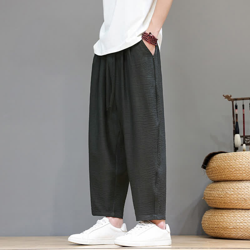 Buddha Stones Spring Summer Casual Minimalist Drawstring Solid Cropped Pants Men's Harem Pants With Pocket - image 3