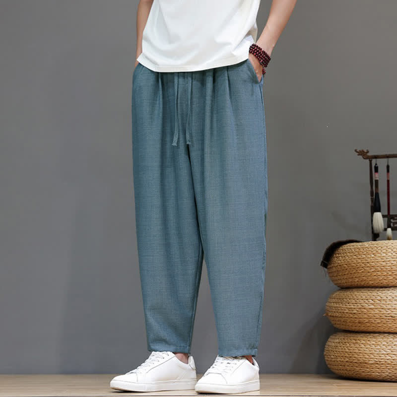 Buddha Stones Spring Summer Casual Minimalist Drawstring Solid Cropped Pants Men's Harem Pants With Pocket - image 10