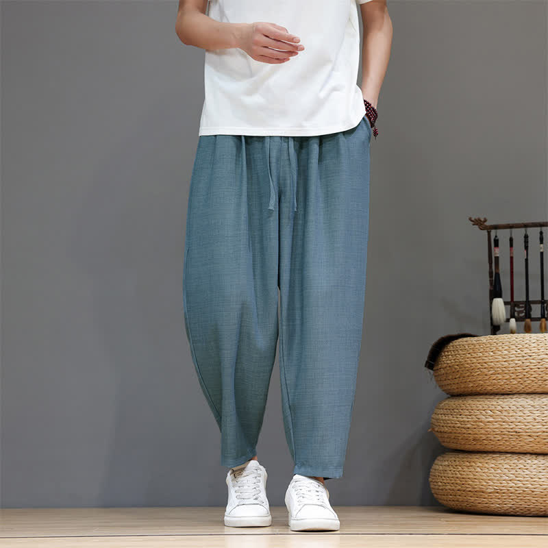 Buddha Stones Spring Summer Casual Minimalist Drawstring Solid Cropped Pants Men's Harem Pants With Pocket - image 15