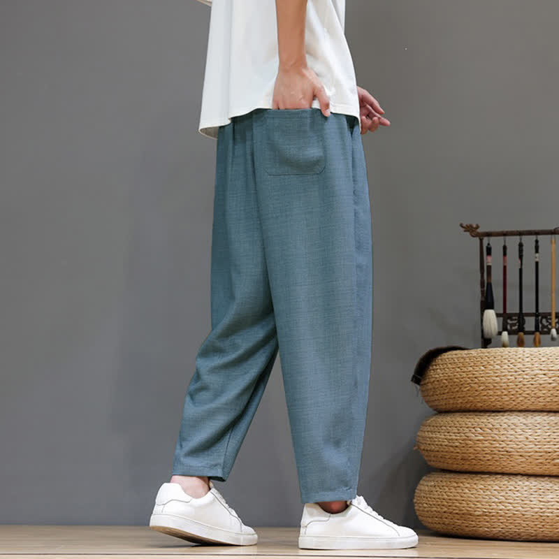 Buddha Stones Spring Summer Casual Minimalist Drawstring Solid Cropped Pants Men's Harem Pants With Pocket - image 12