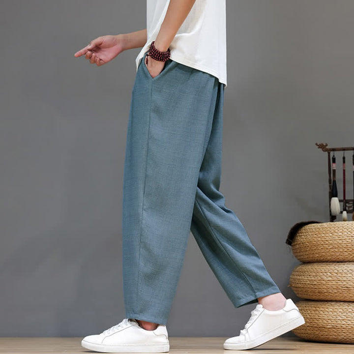 Buddha Stones Spring Summer Casual Minimalist Drawstring Solid Cropped Pants Men's Harem Pants With Pocket - image 13