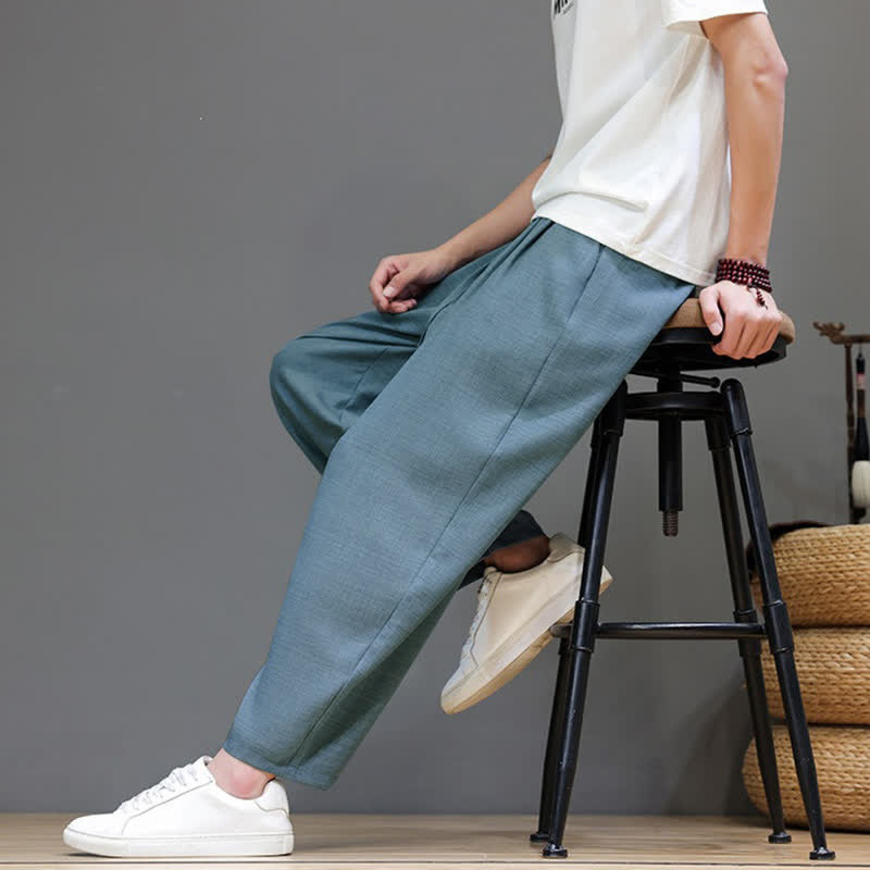 Buddha Stones Spring Summer Casual Minimalist Drawstring Solid Cropped Pants Men's Harem Pants With Pocket - image 14