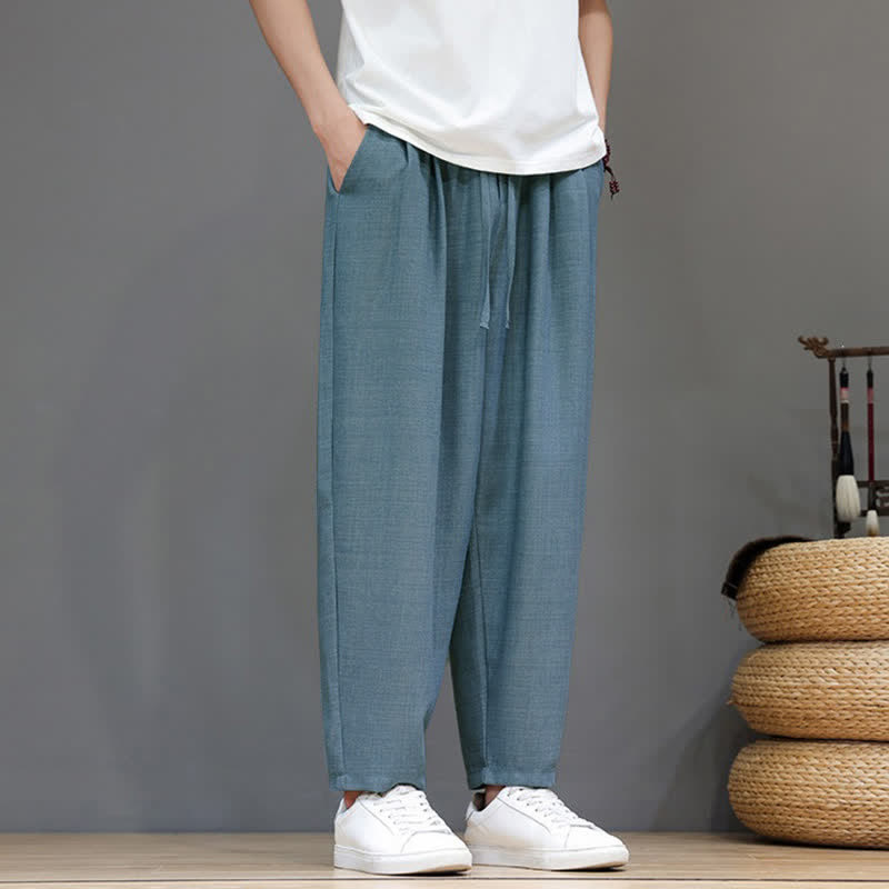 Buddha Stones Spring Summer Casual Minimalist Drawstring Solid Cropped Pants Men's Harem Pants With Pocket - image 9