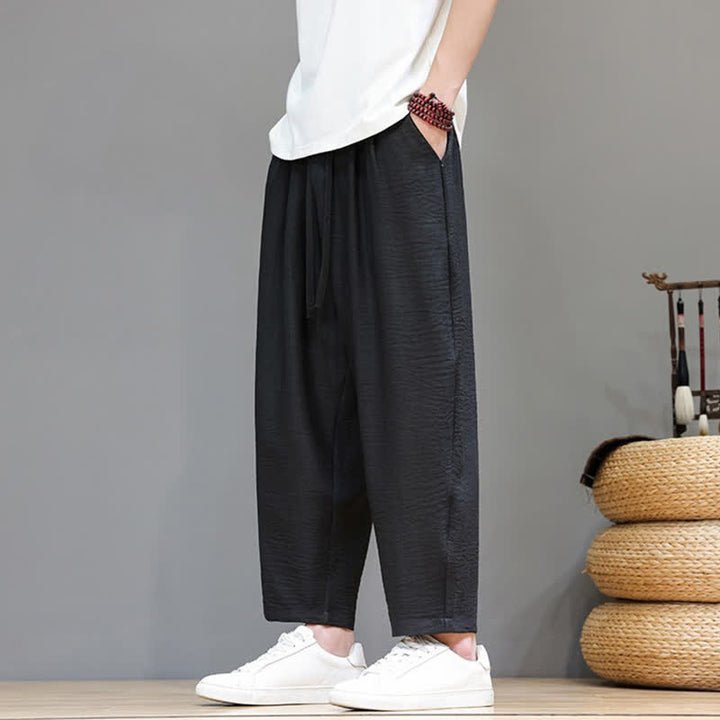 Buddha Stones Spring Summer Casual Minimalist Drawstring Solid Cropped Pants Men's Harem Pants With Pocket - image 18