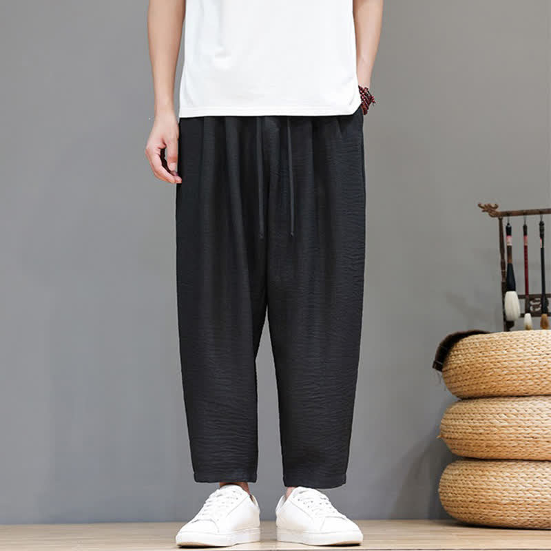 Buddha Stones Spring Summer Casual Minimalist Drawstring Solid Cropped Pants Men's Harem Pants With Pocket - Black - US/UK/AU46, EU56 (5XL) - image 16