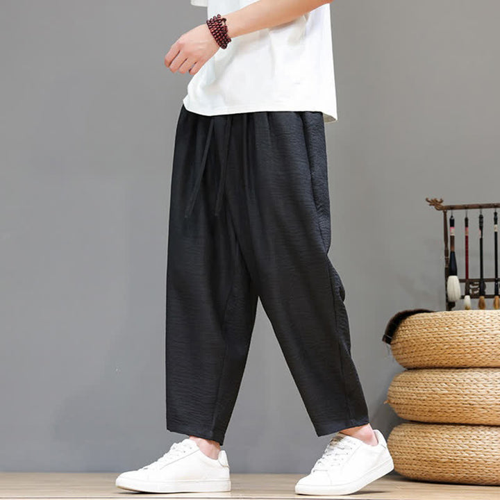 Buddha Stones Spring Summer Casual Minimalist Drawstring Solid Cropped Pants Men's Harem Pants With Pocket - image 20