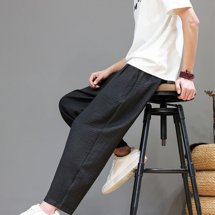Buddha Stones Spring Summer Casual Minimalist Drawstring Solid Cropped Pants Men's Harem Pants With Pocket - image 23