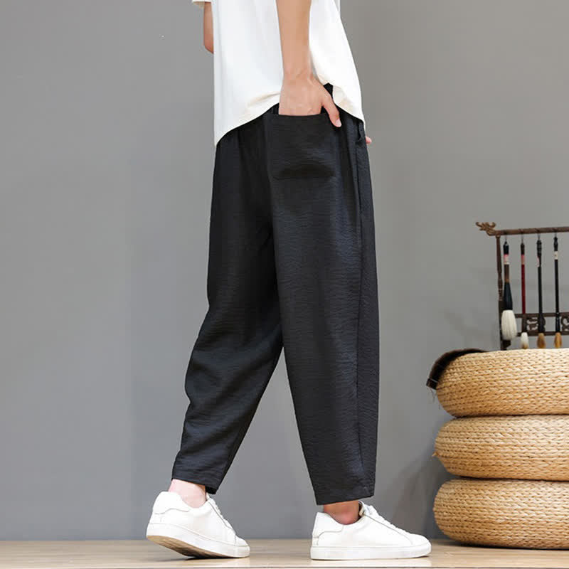 Buddha Stones Spring Summer Casual Minimalist Drawstring Solid Cropped Pants Men's Harem Pants With Pocket - image 19