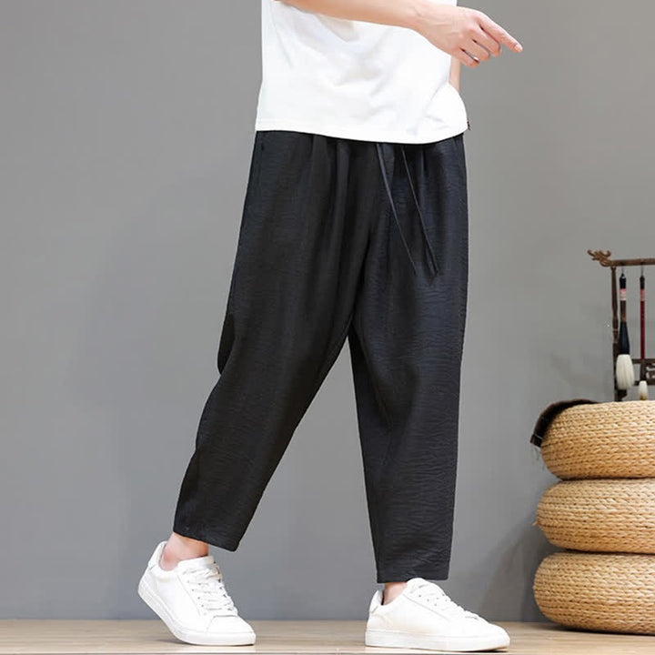 Buddha Stones Spring Summer Casual Minimalist Drawstring Solid Cropped Pants Men's Harem Pants With Pocket - image 22