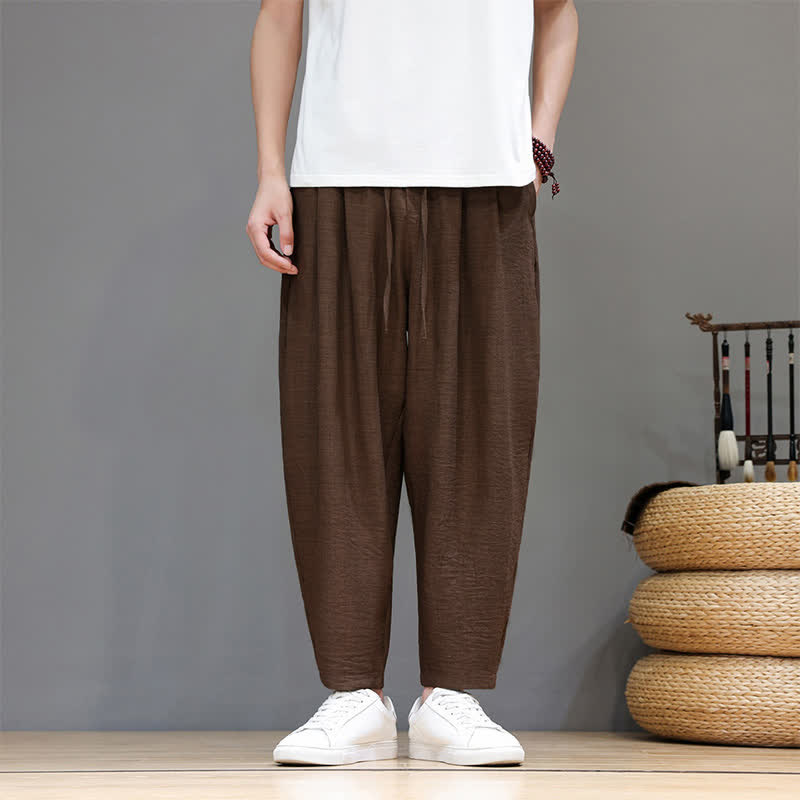 Buddha Stones Spring Summer Casual Minimalist Drawstring Solid Cropped Pants Men's Harem Pants With Pocket - SaddleBrown - US/UK/AU46, EU56 (5XL) - image 24