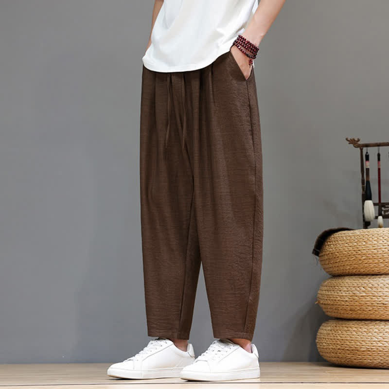 Buddha Stones Spring Summer Casual Minimalist Drawstring Solid Cropped Pants Men's Harem Pants With Pocket - image 26