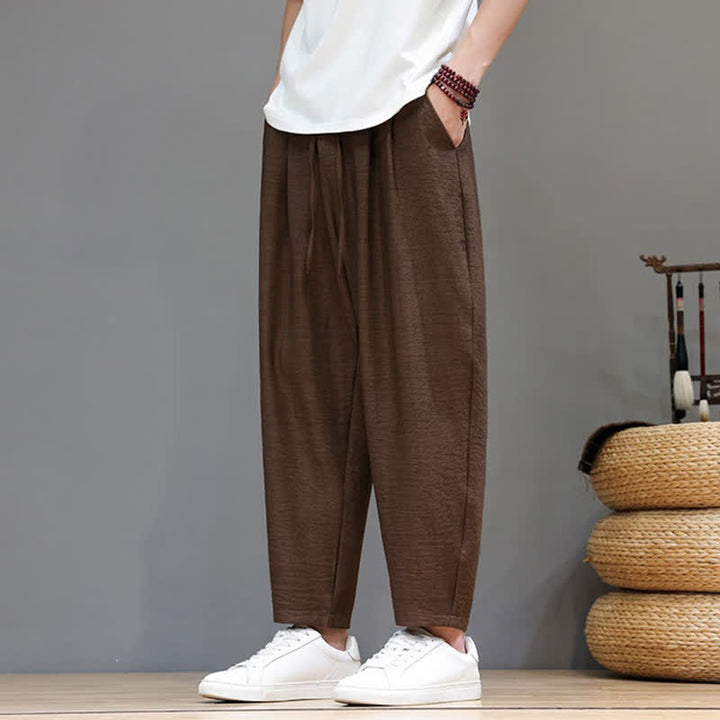 Buddha Stones Spring Summer Casual Minimalist Drawstring Solid Cropped Pants Men's Harem Pants With Pocket - image 26