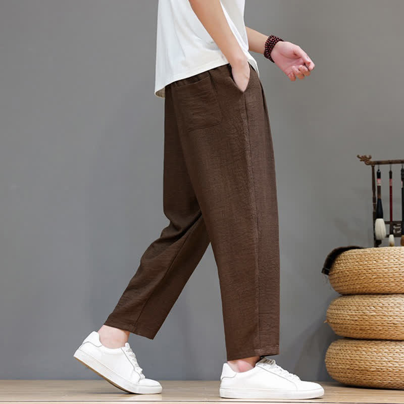 Buddha Stones Spring Summer Casual Minimalist Drawstring Solid Cropped Pants Men's Harem Pants With Pocket - image 30