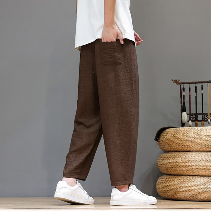 Buddha Stones Spring Summer Casual Minimalist Drawstring Solid Cropped Pants Men's Harem Pants With Pocket - image 28