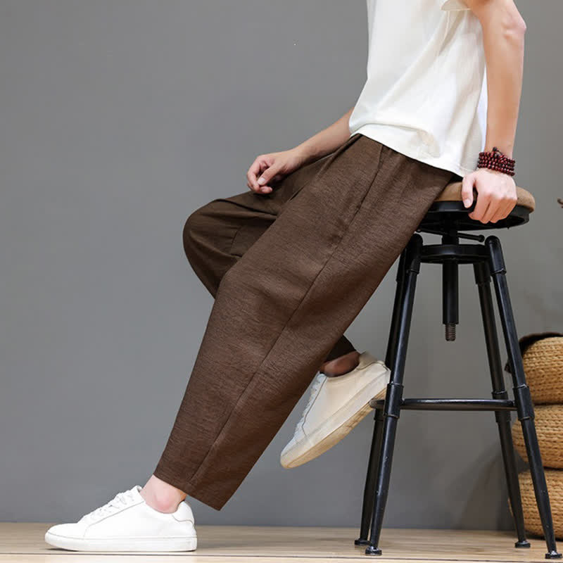 Buddha Stones Spring Summer Casual Minimalist Drawstring Solid Cropped Pants Men's Harem Pants With Pocket - image 31