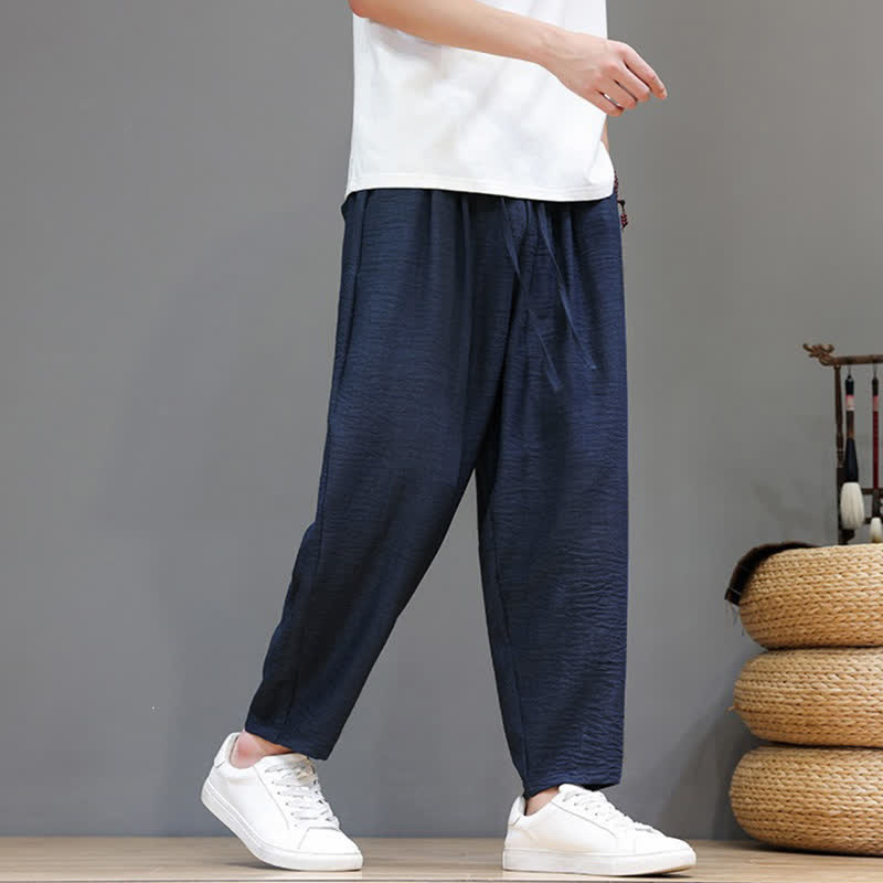Buddha Stones Spring Summer Casual Minimalist Drawstring Solid Cropped Pants Men's Harem Pants With Pocket - image 35