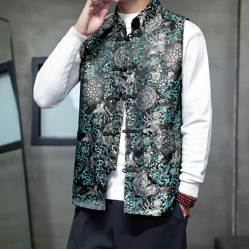 Buddha Stones Fall Winter Tang Style Mandarin Collar Dragon Phoenix Tank Top Men's Vest With Pockets - image 26