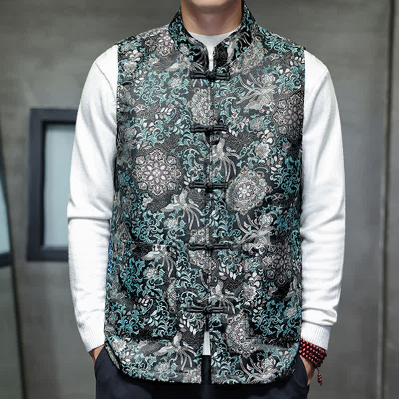 Buddha Stones Fall Winter Tang Style Mandarin Collar Dragon Phoenix Tank Top Men's Vest With Pockets - image 24