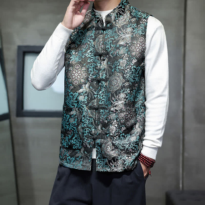 Buddha Stones Fall Winter Tang Style Mandarin Collar Dragon Phoenix Tank Top Men's Vest With Pockets - image 22