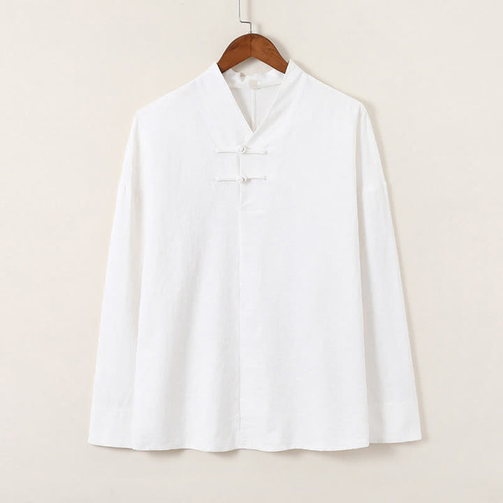 Buddha Stones Spring Tang Style Vintage Mandarin Collar Frog Button Solid Men's Long Sleeve Shirts - image 24