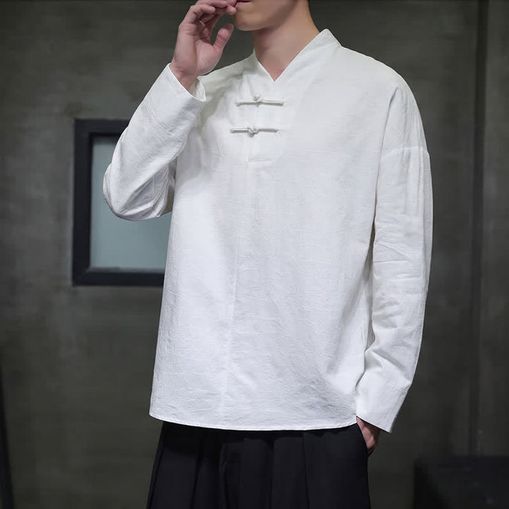 Buddha Stones Spring Tang Style Vintage Mandarin Collar Frog Button Solid Men's Long Sleeve Shirts - image 20