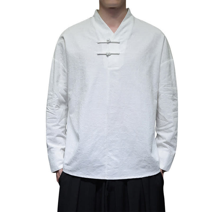 Buddha Stones Spring Tang Style Vintage Mandarin Collar Frog Button Solid Men's Long Sleeve Shirts - image 23
