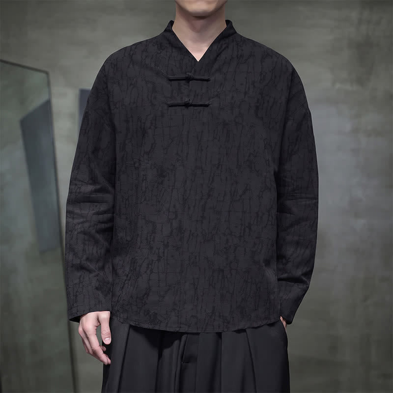 Buddha Stones Spring Tang Style Vintage Mandarin Collar Frog Button Solid Men's Long Sleeve Shirts - Black - US/UK/AU46, EU56 (5XL) - image 12
