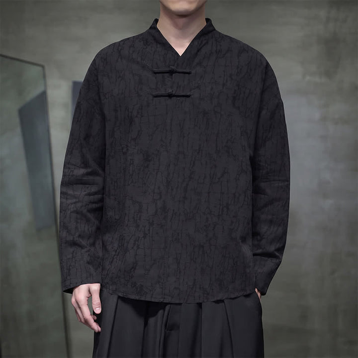 Buddha Stones Spring Tang Style Vintage Mandarin Collar Frog Button Solid Men's Long Sleeve Shirts - Black - US/UK/AU46, EU56 (5XL) - image 12