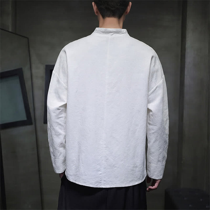 Buddha Stones Spring Tang Style Vintage Mandarin Collar Frog Button Solid Men's Long Sleeve Shirts - image 22