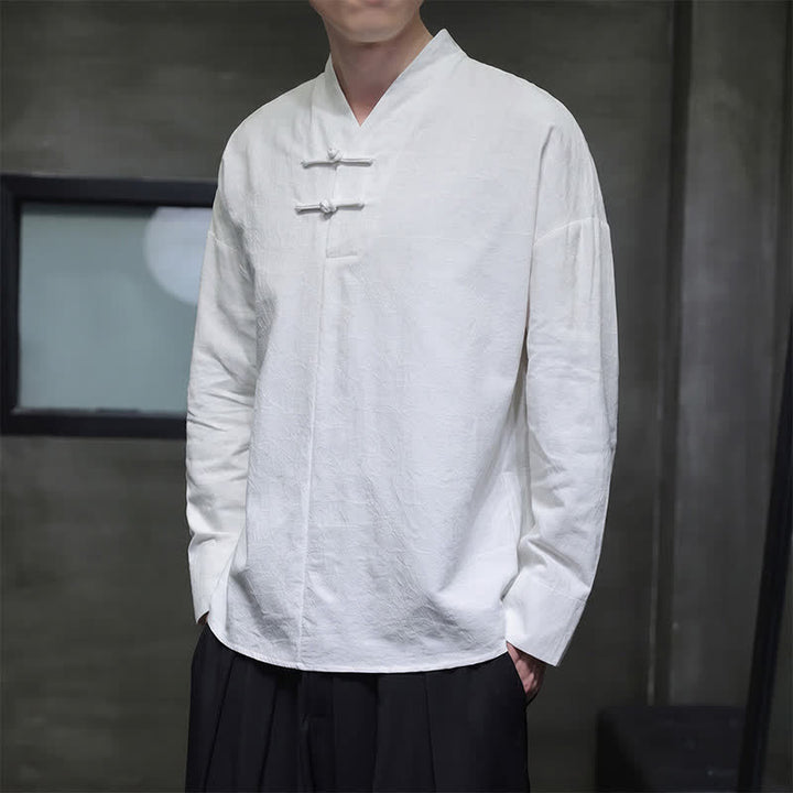 Buddha Stones Spring Tang Style Vintage Mandarin Collar Frog Button Solid Men's Long Sleeve Shirts - image 21