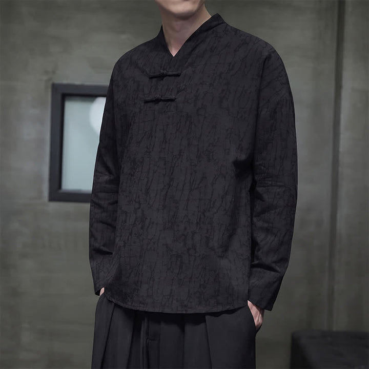 Buddha Stones Spring Tang Style Vintage Mandarin Collar Frog Button Solid Men's Long Sleeve Shirts - image 13