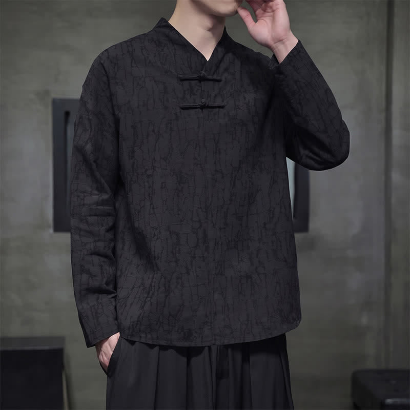 Buddha Stones Spring Tang Style Vintage Mandarin Collar Frog Button Solid Men's Long Sleeve Shirts - image 14
