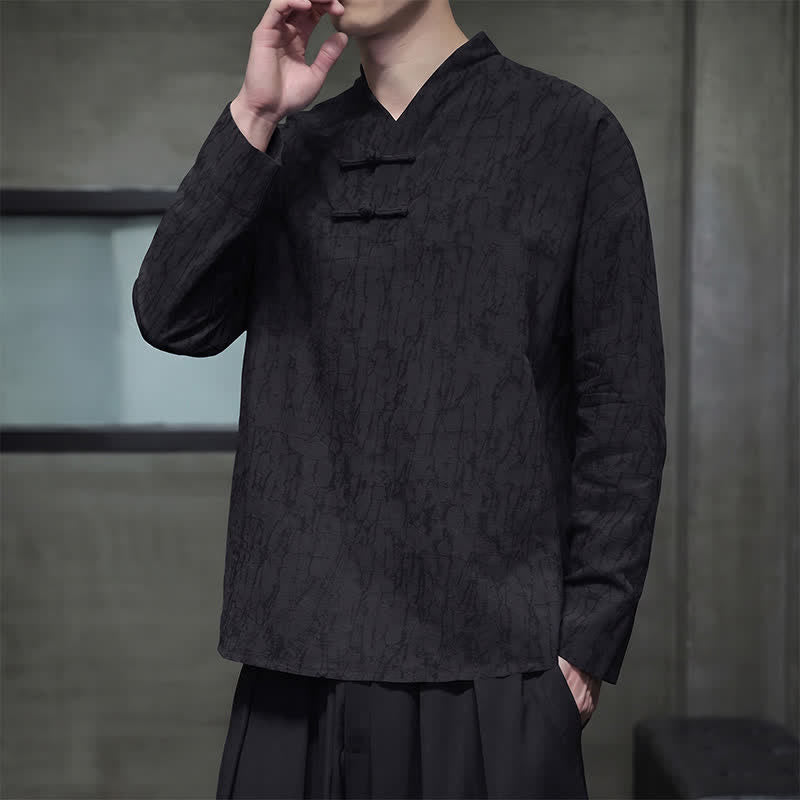 Buddha Stones Spring Tang Style Vintage Mandarin Collar Frog Button Solid Men's Long Sleeve Shirts - image 15