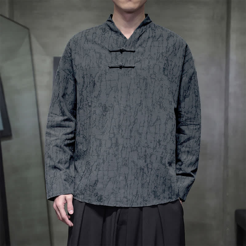 Buddha Stones Spring Tang Style Vintage Mandarin Collar Frog Button Solid Men's Long Sleeve Shirts - image 4