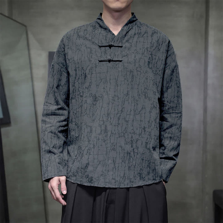 Buddha Stones Spring Tang Style Vintage Mandarin Collar Frog Button Solid Men's Long Sleeve Shirts - image 4