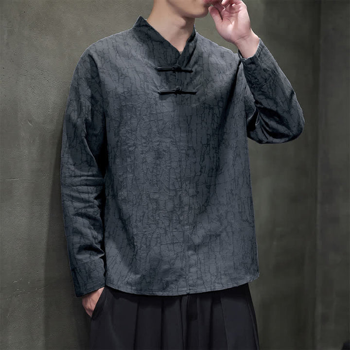 Buddha Stones Spring Tang Style Vintage Mandarin Collar Frog Button Solid Men's Long Sleeve Shirts - image 1