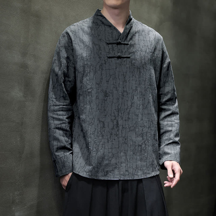 Buddha Stones Spring Tang Style Vintage Mandarin Collar Frog Button Solid Men's Long Sleeve Shirts - SlateGray - US/UK/AU46, EU56 (5XL) - image 0