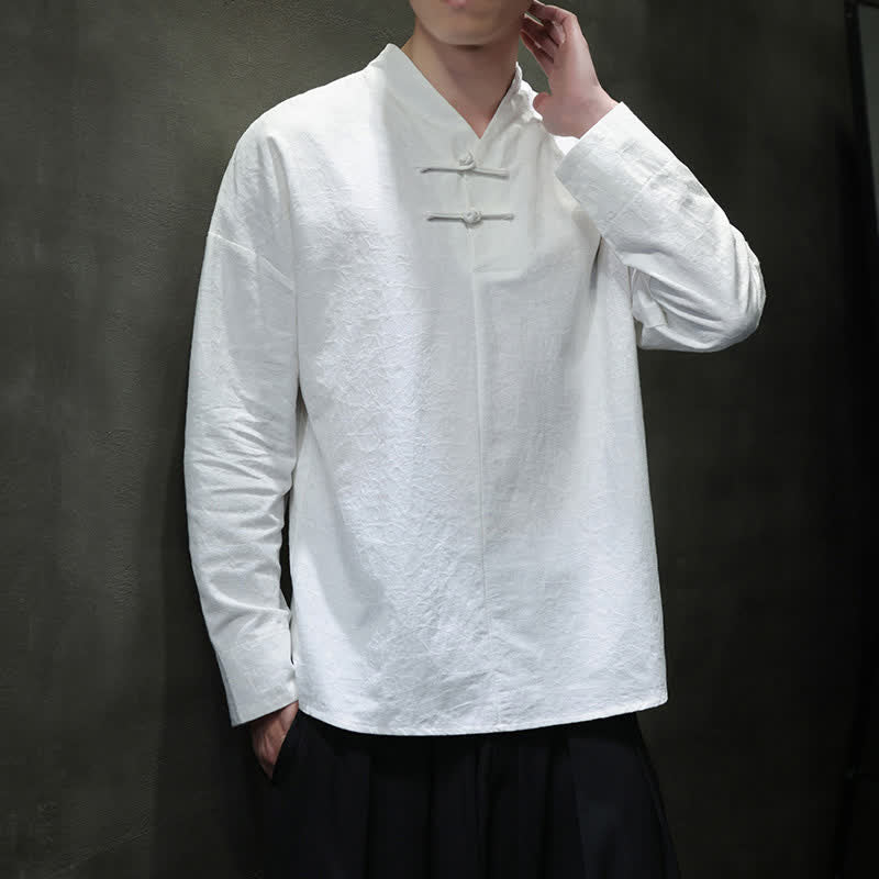 Buddha Stones Spring Tang Style Vintage Mandarin Collar Frog Button Solid Men's Long Sleeve Shirts - image 19