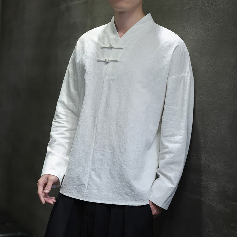 Buddha Stones Spring Tang Style Vintage Mandarin Collar Frog Button Solid Men's Long Sleeve Shirts - White - US/UK/AU46, EU56 (5XL) - image 18