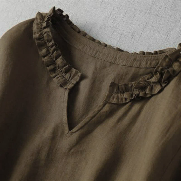 Buddha Stones Spring Summer Minimalist Elegant Solid V-Neck Women's Short Sleeve Dress With Pocket - image 2