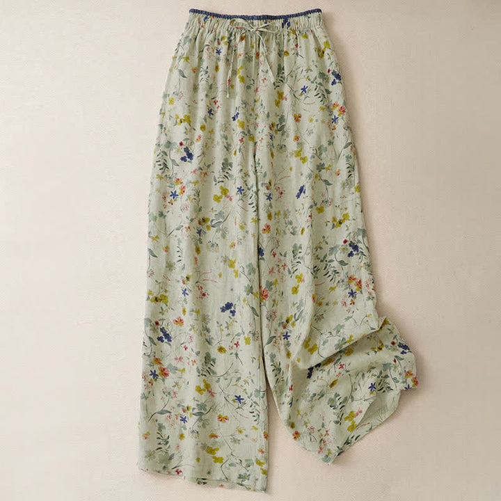 Buddha Stones Spring Summer Casual Boho Drawstring Floral Print Long Pants Women's Wide Leg Pants With Pocket - Beige - US12, UK/AU16, EU44 (2XL) - image 0