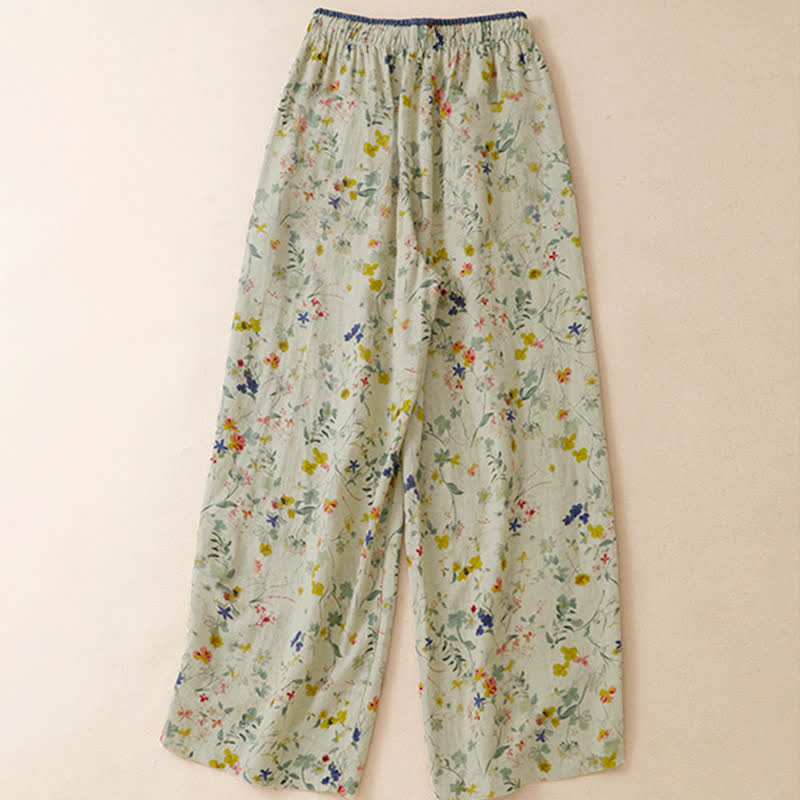 Buddha Stones Spring Summer Casual Boho Drawstring Floral Print Long Pants Women's Wide Leg Pants With Pocket - image 1
