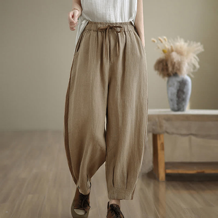 Buddha Stones Spring Summer Casual Minimalist Drawstring Solid Cropped Pants Women's Tapered Pants With Pocket - Tan - US8-10, UK/AU12-14, EU40-42 (2XL) - image 11