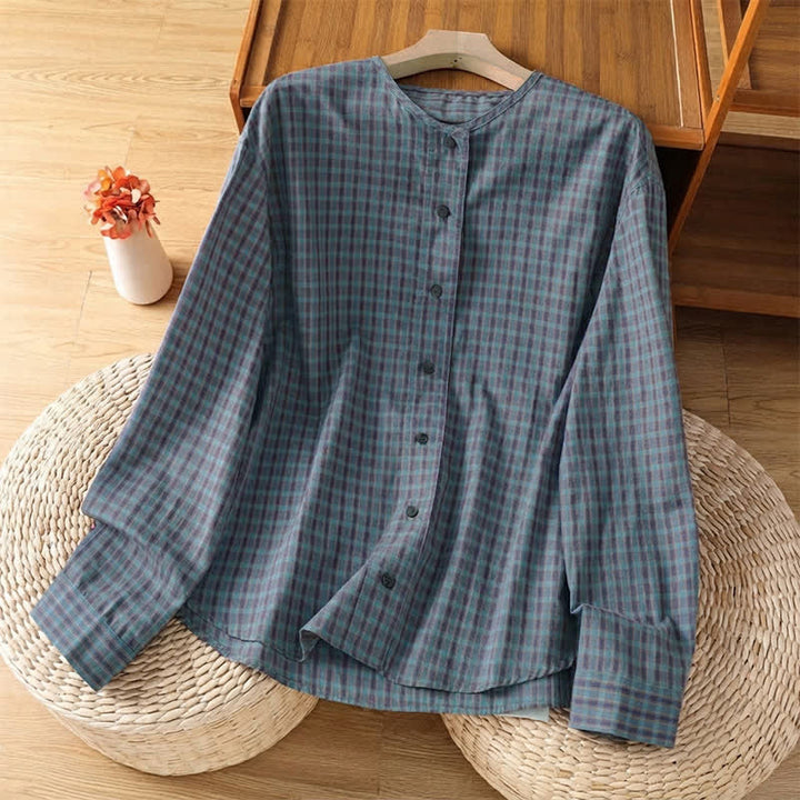 Buddha Stones Spring Fall Minimalist Button-Up Plaid Women's Long Sleeve Shirts - SlateGray - US4, UK/AU8, EU36 (M) - image 9