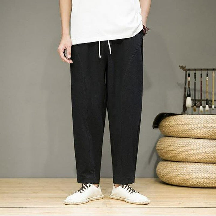 Buddha Stones Spring Summer Casual Minimalist Drawstring Solid Cropped Pants Men's Tapered Pants With Pockets - Black - US/UK/AU46, EU56 (5XL) - image 7